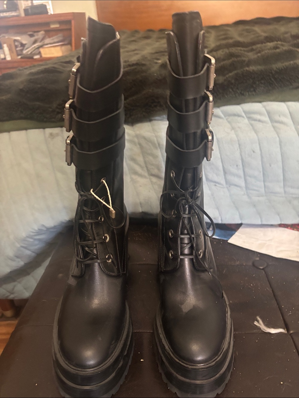 Black Women's Combat Platform Boots - Buckle & Lace Detail